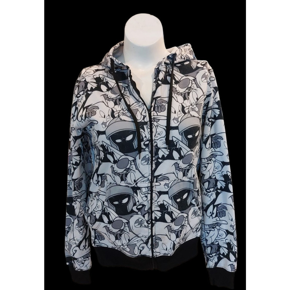 Looney Tunes All Over Print Hoodie Bugs Bunny TAZ Full Zip‎ Small Black White